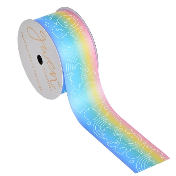 Gwen Studios 1.5" Rainbow Ombre with White Summer Shapes Satin Ribbon, 3 Yards