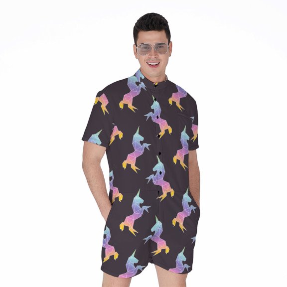Rainbow Origami Unicorn Pattern Short Sleeve Men'S Rompers, Unicorn Casual Summer Jumpsuits Outfit
