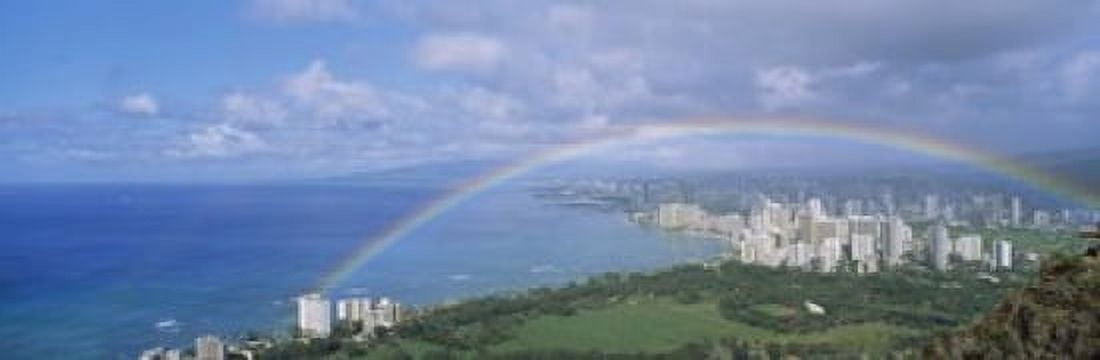 Rainbow Over A City Waikiki Honolulu Oahu Hawaii USA Canvas Art - Panoramic Images (18 x 6)