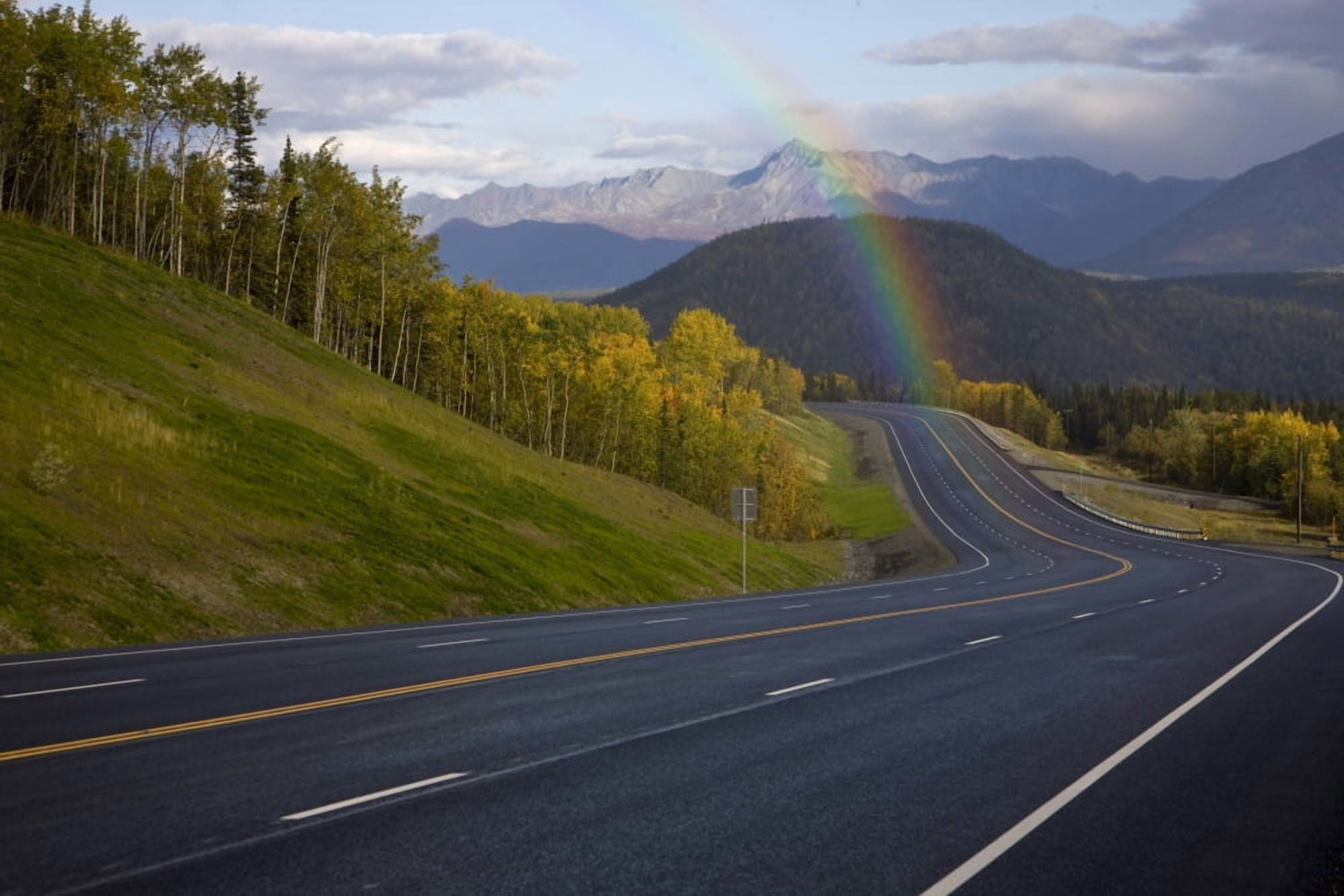 Rainbow Over Glenn Highway In Matanuska Valley During Autumn In Southcentral Alaska Canvas Art - Hal Gage Design Pics (34 x 22)