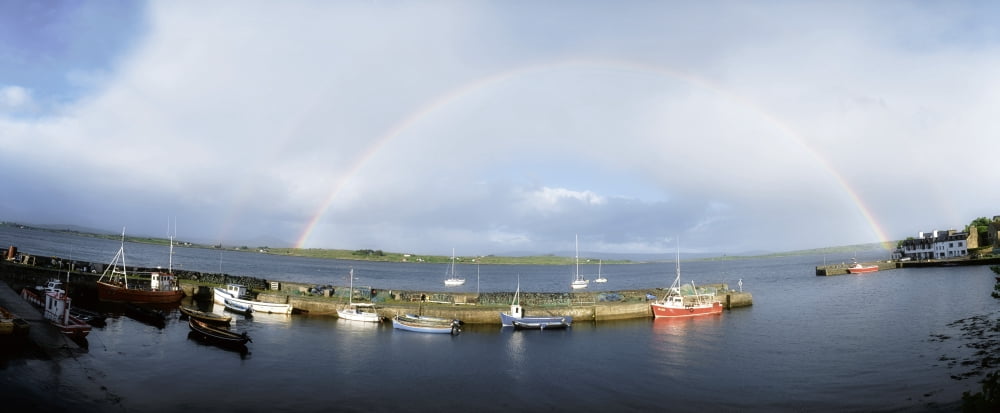 Rainbow Over Harbour Roundstone Ireland Canvas Art - The Irish Image Collection Design Pics (33 x 13)