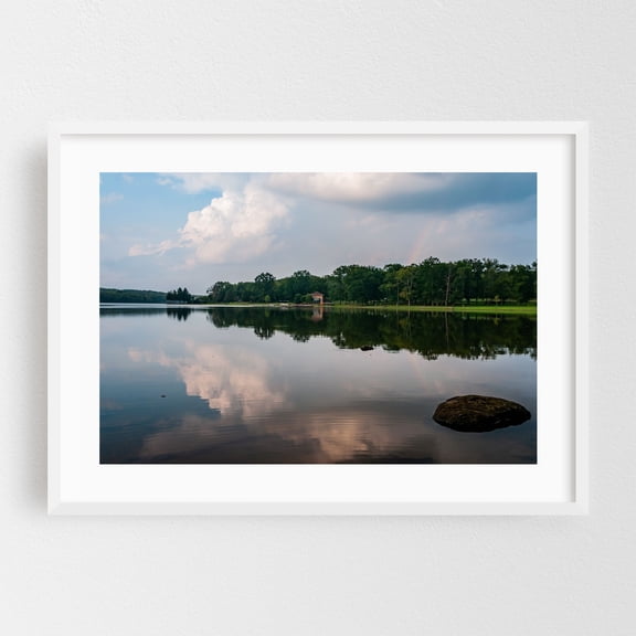 Rainbow Over Pinchot Lake - Lewisberry Pennsylvania Photography Lake Nature Scenic Landscape Water Calm White Framed Wall Art Print 5 x 7 inches