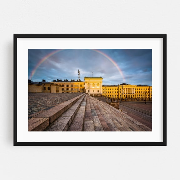 Rainbow Over Senaatintori - Helsinki Finland Photography Black Framed Wall Art Print 12 x 18 inches