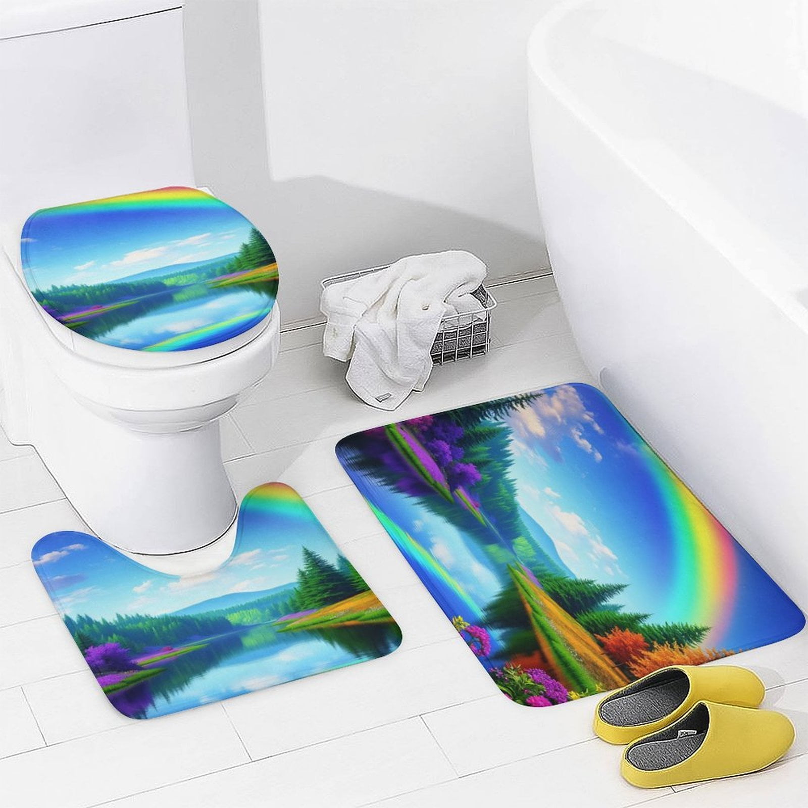 Rainbow Over Serene Lake Bathroom Rugs Sets 3 Piece Toilet Lid Cover ...