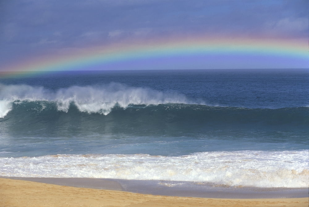 Rainbow Over Shore Break Beach Foreground Horizon And Blue Sky With Clouds A21E Canvas Art - Liysa Swart Design Pics (38 x 24)