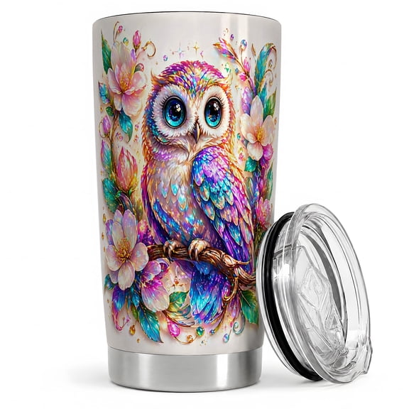Rainbow Owl Floral 20oz Tumbler, Rainbow Owl Floral Tumbler, Daily Coffee Cup for Travel, Cute Bird Portrait with Blossom Branch, Sparkle Accents, Whimsical Nature Decor for Women