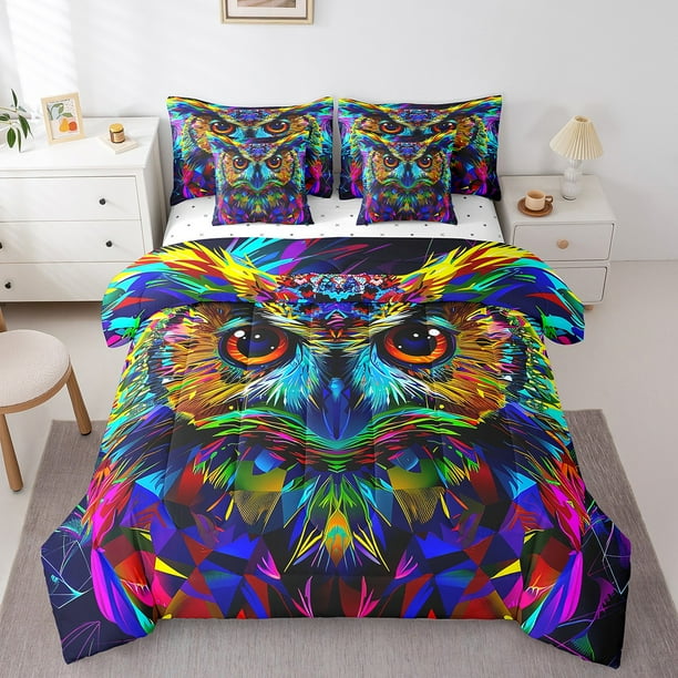 Rainbow Owl Full Size Comforter Set 7 Piece Watercolor Wild Animals Bedding Comforter Set Colorful Bird Oil Painting Bed in a Bag with 1 Comforter 1