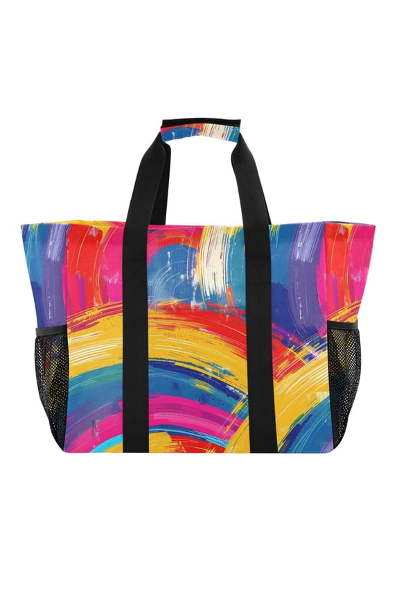 Rainbow Paint Reusable Grocery Bags with Handle Side Pocket Waterproof Shopping Portable Tote