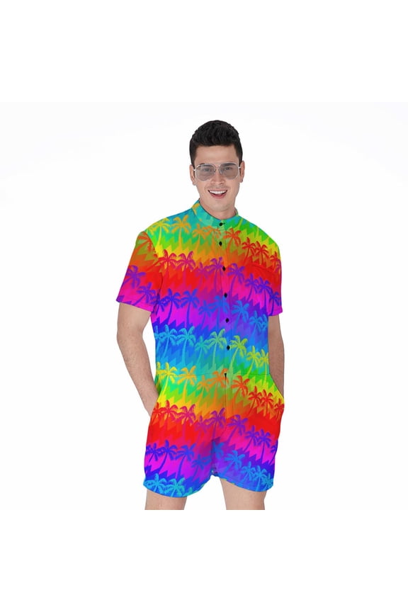 Rainbow Palm Tree Pattern Short Sleeve Men'S Rompers, Aloha Tropical Hawaiian Casual Summer Jumpsuits Outfit