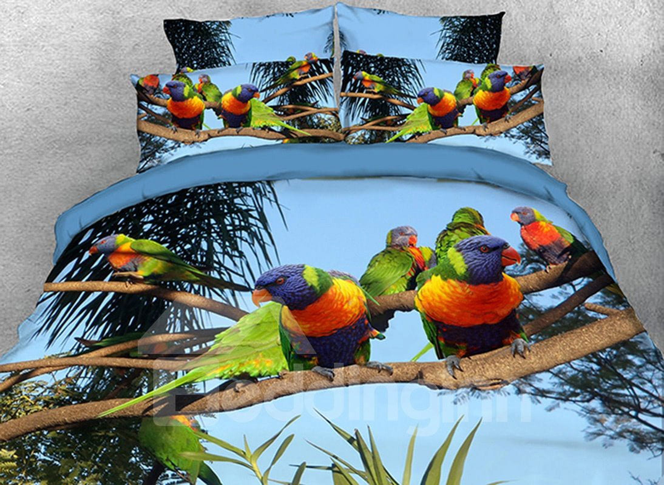 Rainbow Parrots on Branch 4Piece 3D Duvet Cover Set Natural Scenery
