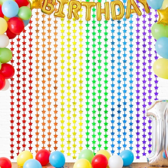 Rainbow Party Decorations, 2 Pack 3.3X6.6 ft Rainbow Star Backdrop Foil Fringe Curtains, Streamers Photo Booth Props for Birthday Kindergarten Graduation Cartoon Party Pride Decorations