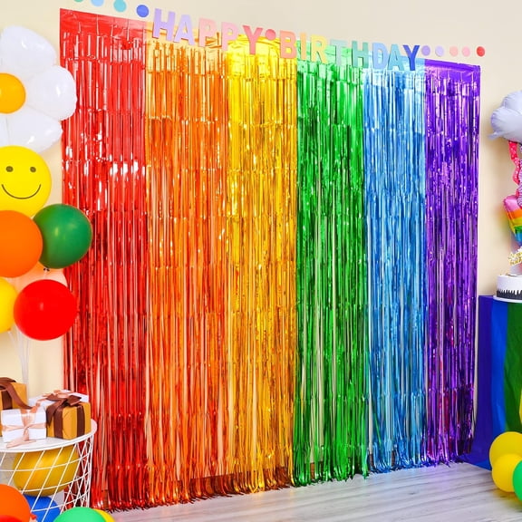 Rainbow Party Decorations, 2 Pack 3.3x6.6ft Pride Decorations, Cartoon Birthday Decor Foil Fringe Curtains Rainbow Theme Backdrop, Streamers Photobooth Prop for Happy Kindergarten Graduation