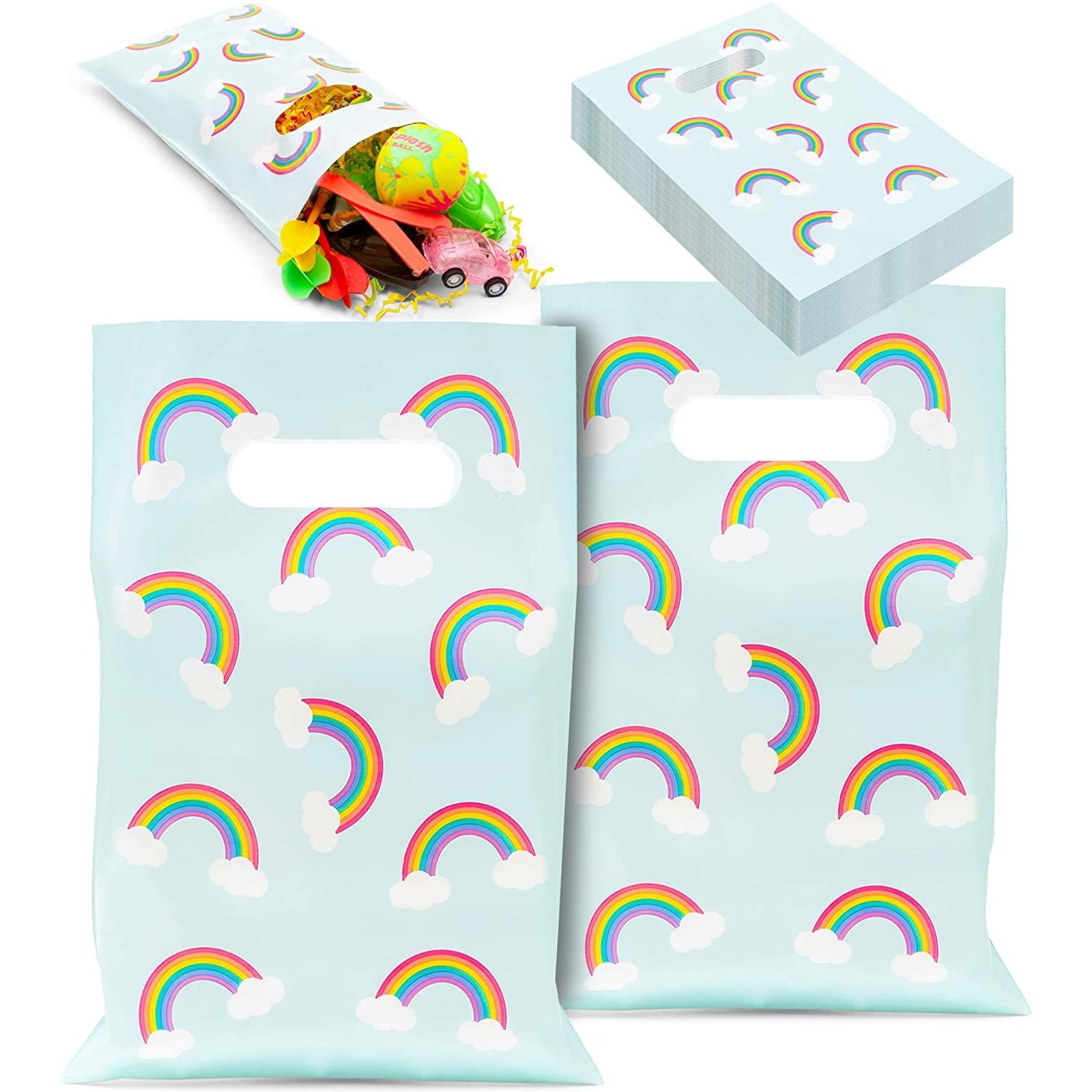 15-Pack Rainbow Gift Bags with Handles and 20 White Tissue Paper Sheets,  Medium-Size Goodie Bags For Baby Shower, Birthday Party Favors (8x9x4 in,  Blue, Kraft Paper) 