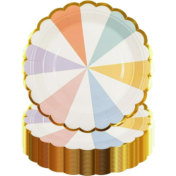 Rainbow Party Paper Plates, Disposable Scalloped Dessert Plates Dinnerware Multicolor Party Supplies Decoration