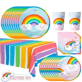 Rainbow Party Supplies,141Pcs Rainbow Party Tableware Set - Rainbow Plates Cups Napkins Table Cloths for Baby Shower,Carnival Themed Rainbow Birthday Party Supplies,Serves 20 Guests