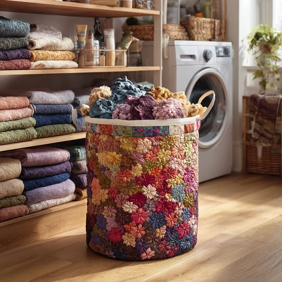 Rainbow Patch Blossom Quilted Laundry Basket