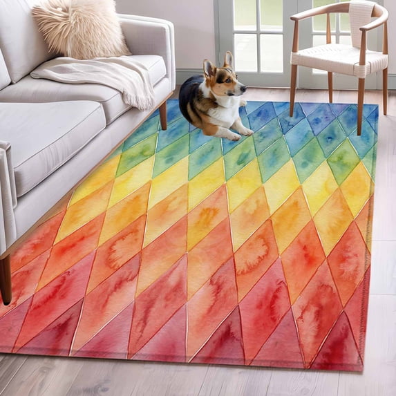 Rainbow Patchwork Area Rugs 3'x5', Washable Small Throw Rugs for Living Room Bedroom, Colorful Diamond Abstract Art Indoor Outdoor Rug Non-Slip Low Pile Carpet Runner Reversible Floor Mats