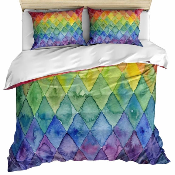 Rainbow Patchwork Bedding 3 Piece Duvet Cover Set California King, Watercolor Colorful Diamond Art Microfiber Comforter Cover with Zipper Closure & Pillowcases, Wrinkle & FadeResistant Quilt Cover