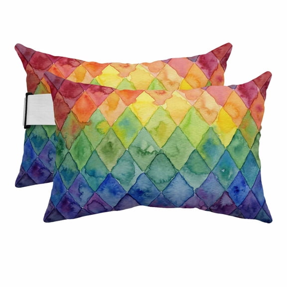 Rainbow Patchwork Outdoor Pillows for Chaise Lounge Chair Beach Headrest Pillow Set of 2 Waterproof Lumbar Pillows with Insert&Adjustable Strap Watercolor Colorful Diamond Art Pool Pillow 11"x16"