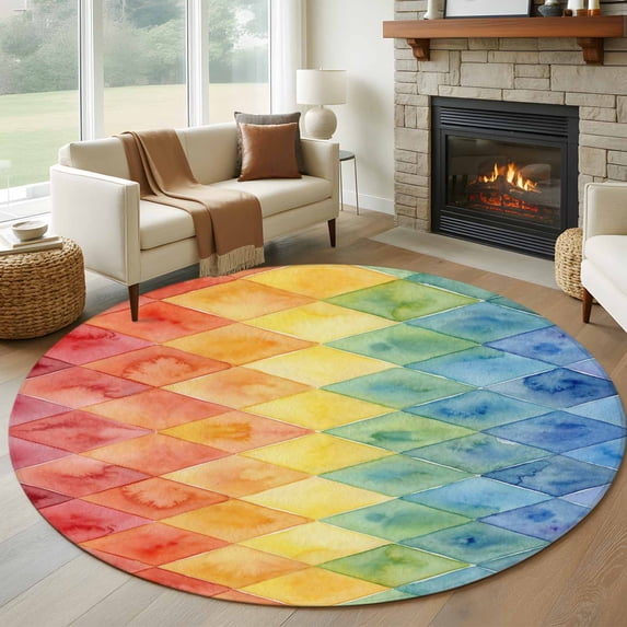 Rainbow Patchwork Round Area Rug 8Ft Washable Large Circle Rugs for Living Room Dorm, Colorful Diamond Abstract Art Non-Slip Carpet Floor Mats Indoor Outdoor Carpet Runner Aesthetic Home Decor