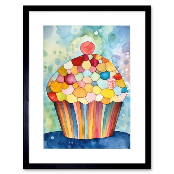 Rainbow Pattern Cupcake Folk Art Watercolour Painting Kitchen Artwork Framed Print Wall Art 9X7 Inch