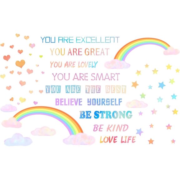Rainbow Pattern PVC Wall Stickers Art Wall Decal Stickers You are Excellent etc Inspirational Phrase PVC Wallpaper - 15.7x45.6 Inch