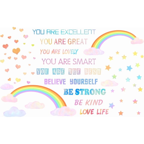 Rainbow Pattern PVC Wall Stickers Art Wall Decal Stickers You are Excellent etc Inspirational Phrase PVC Wallpaper for Bedroom Living Room