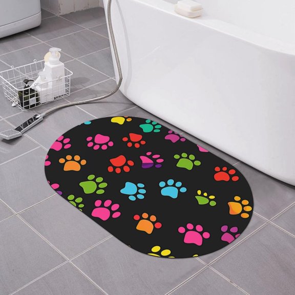 Rainbow Paw Print Bath Mat Dog Footprint Diatomaceous Earth Bathroom Rugs Absorbent Stone Bath Mat Fast Drying Shower Rug Non Slip Doormat 15.7" x 23.6"