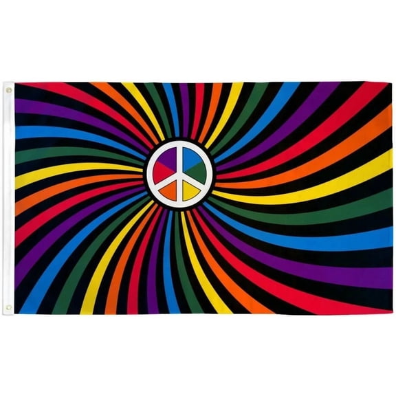 Rainbow Peace Swirl (White Peace Sign) 3X5Ft Poly Lgbtq Peace Rainbow Pride Flag
