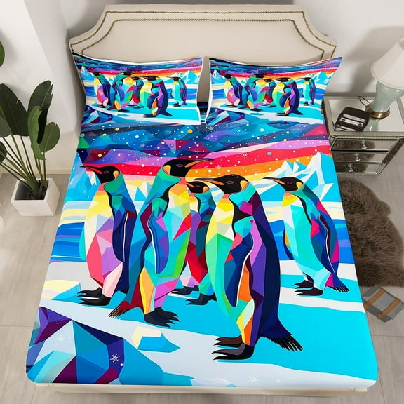 Rainbow Penguin Fitted Sheet Polar Animal Bed Sheets Queen,Cute Birds Sheets Ice Mountain Bedding Set,Coastal Creature Room Decor(No Top Sheet)