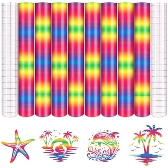 Rainbow Permanent Vinyl - 8 Sheets 12"x10"Gradient Patterned Permanent Adhesive Vinyl for Cutting Machine, Home Decor Self Sticker
