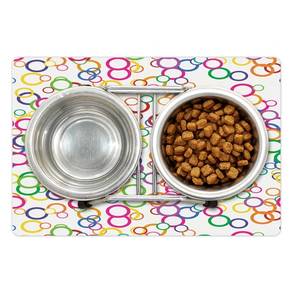 Rainbow Pet Mat for Food and Water, Circles Rainbow Party Gatherings Spectrum Round Summertime Joy, Non-Slip Rubber Mat for Dogs and Cats, 18" X 12", by Ambesonne