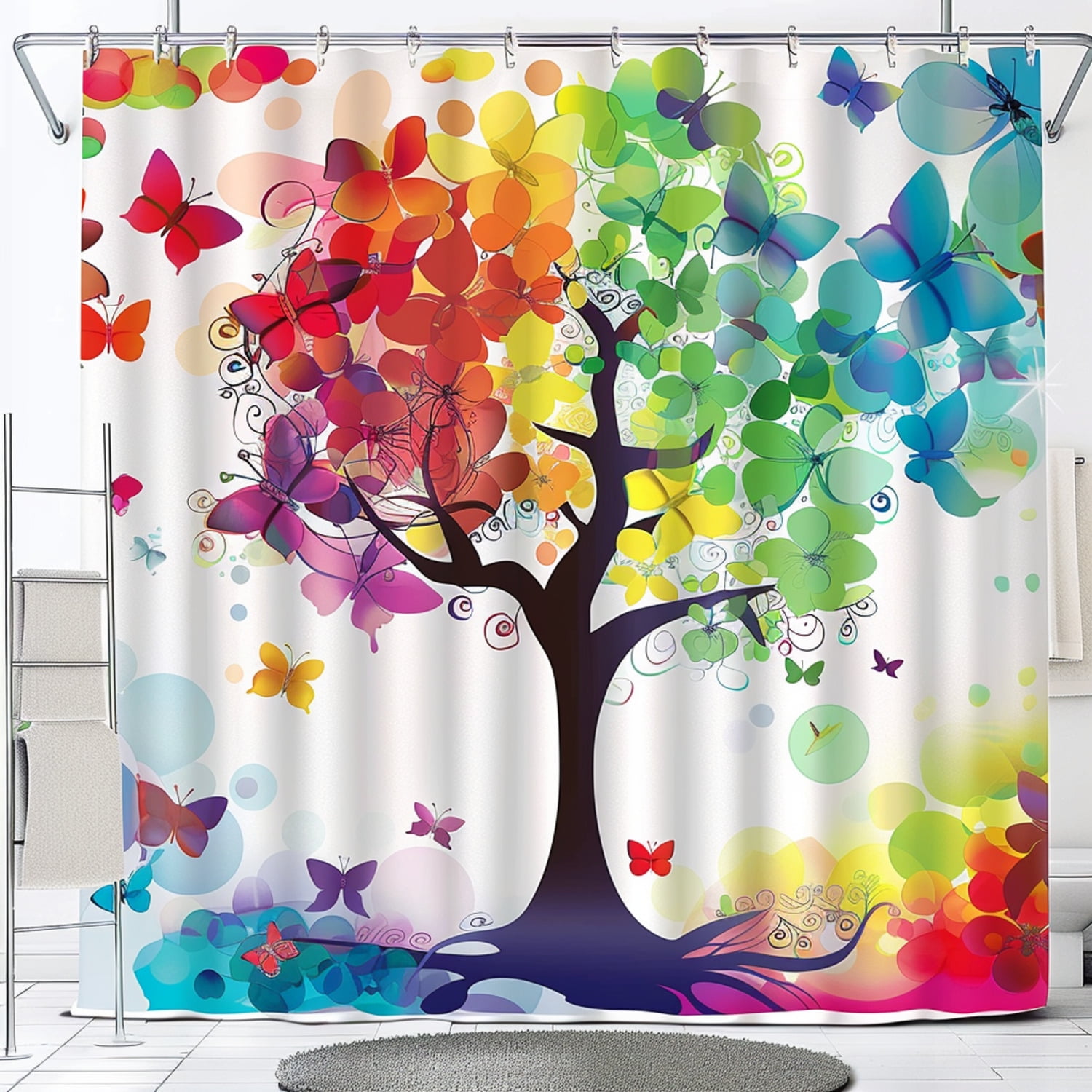 Rainbow Petal Tree and Butterflies Cartoon Shower Curtain Set Nature
