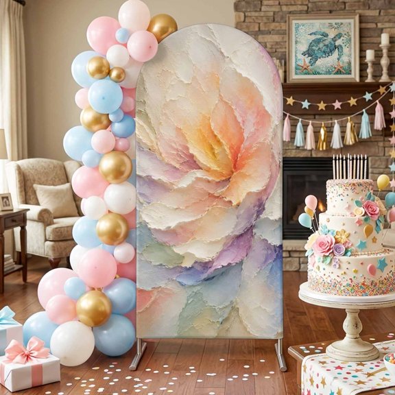 Rainbow Petals Arch Backdrop Covers 7.2 FT, Rustic Colorful Floral Impasto Relief Texture Stretchy Fitted Arched Stand Covers Party Arch Stand Cover Photo Booth for Wedding Birthday Decor