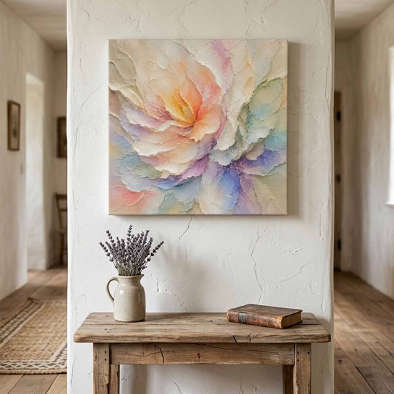 Rainbow Petals Canvas Wall Art for Living Room Bedroom Bathroom, Rustic Colorful Floral Impasto Relief Texture Canvas Art Wall Decor, Artwork for Walls Home Office Decor, 8"x8"
