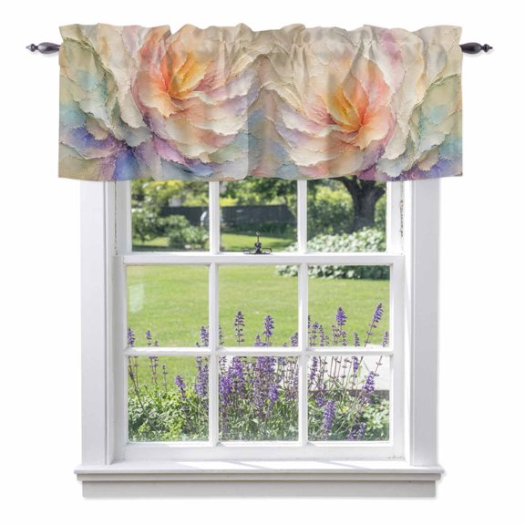 Rainbow Petals Valances for Windows, Rustic Colorful Floral Impasto Relief Texture Valance Window Treatment Rod Pocket Short Curtains Valances for Kitchen Bathroom 42"W x 12"L