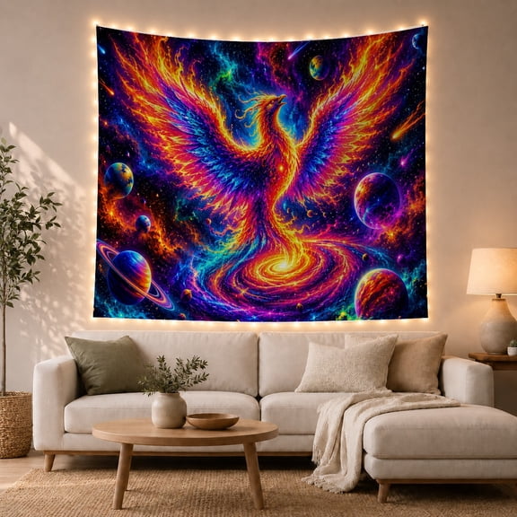 Rainbow Phoenix Rising from Spiral Galaxy, Dramatic Fantasy Style for Space Lovers, Phoenix Wall Decor Housewarming Gift, Tapestry Wall Hanging for Bedroom and Dorm