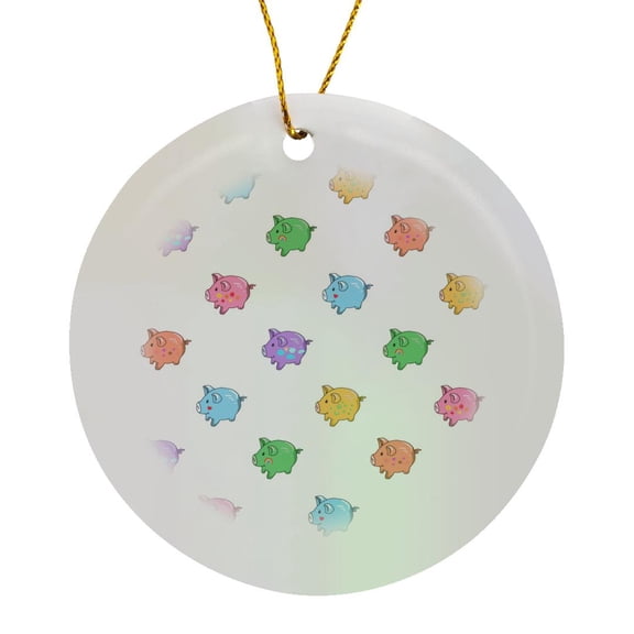 3drose, Rainbow Pig Pattern - Cartoon Multicolored Cute Pigs - Colorful Cartoony Modern Anime Style on White, Circle Porcelain Ornament