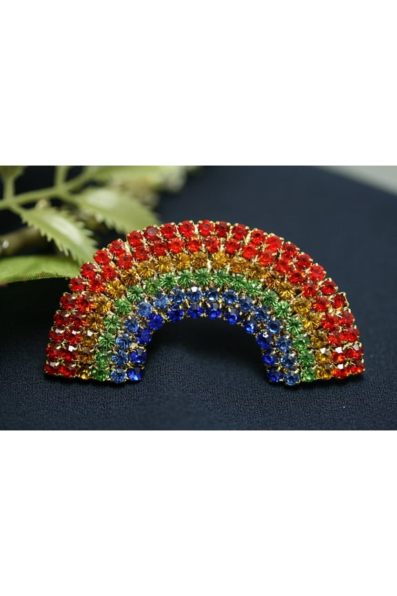 Rainbow Pin Pot Gold Brooch Rhinestone Crystal
