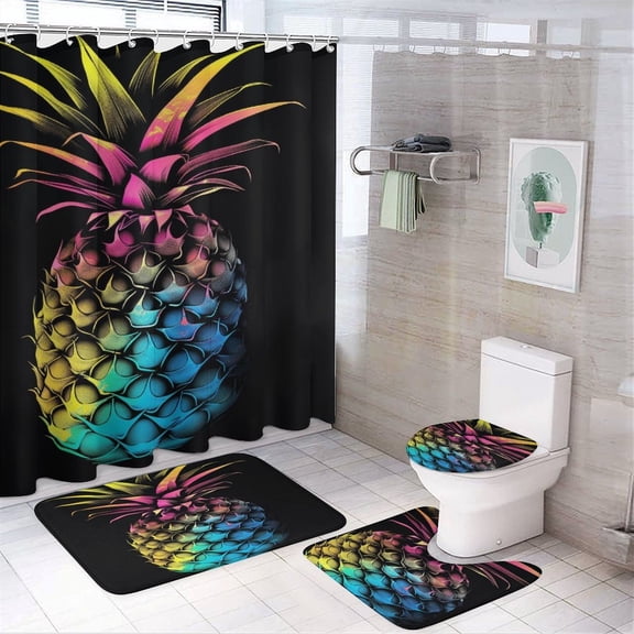 Rainbow Pineapple 4Pcs Shower Curtain Set with Rugs with Non-Slip Rugs Toilet Lid Cover And Bath Mat Farmhouse Style Retro Pineapple Waterproof Shower Curtain for Bathroom Decor
