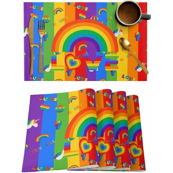 Rainbow Placemats Set of 6, Washable Woven Burlap Cloth Fabric Placemat for Square/Rectangle/Round/Oval Dining Table, Easy Clean Place Mats for Toddlers, Kids Modern Geometric Ombre Stripes Aesthetics