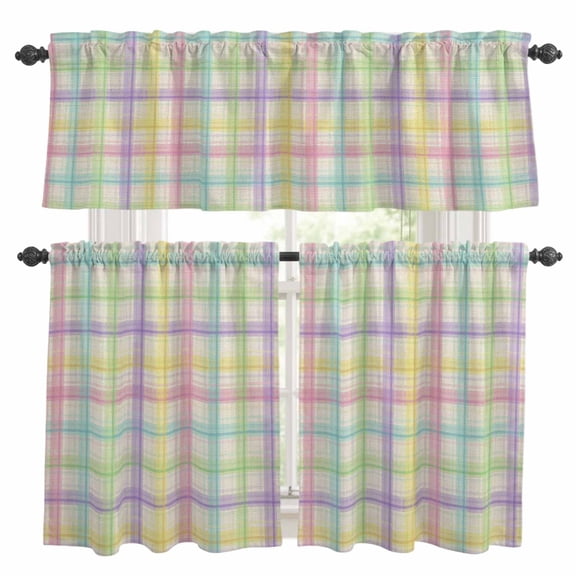 Rainbow Plaid Kitchen Curtains Set for Windows, Yellow Pink Blue Green Purple Plaid Linen Texture Curtains Valance and Tier 3 Piece Set Small Drapes 36 Inch Length for Kitchen Bedroom Decor