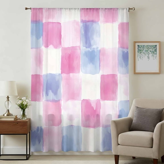 Rainbow Plaid Sheer Curtains 54 Inches Long, Pastel Pink Blue Gradient Patchwork Light Filering Curtains, Breathable Simi Curtain Privacy Drapes for Kitchen Bathroom Small Window Treatment