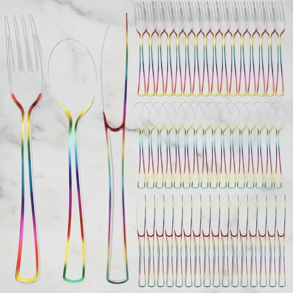 Rainbow Plastic Silverware, Clear Disposable Cutlery Set Heavy Duty Utensil Sets Forks Knives Spoons for Party Home Office Picnics Restaurant Outdoor Events