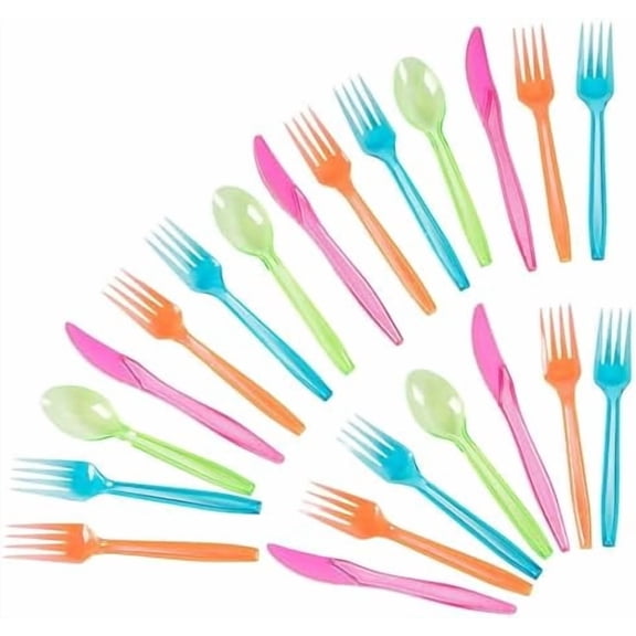 Rainbow Plastic Silverware Set - Disposable Neon Party Utensils - Disposable Cutlery for Cleanup - Colorful Plasticware for Events - 144-Piece, Forks/Knives/Spoons, 6"/6.5"/5.5"