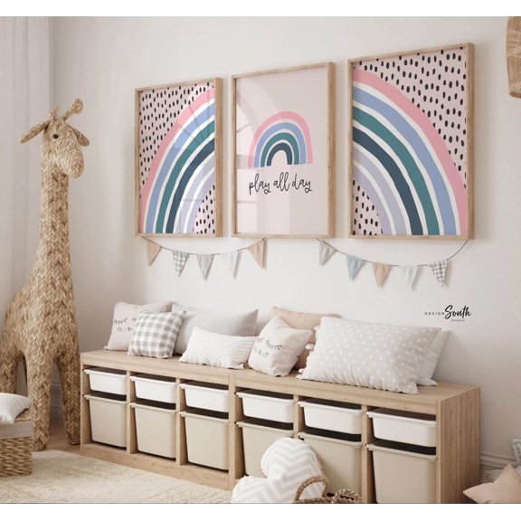 Rainbow Playroom Print Set Modern Girl's Wall Art, Stretched Canvas