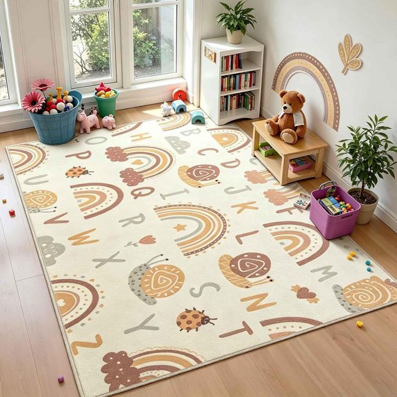Rainbow Playroom Rug 5x7, Washable Non Slip Alphabet Bedroom Rug, Soft Cute Carpet for Room, (Orange)