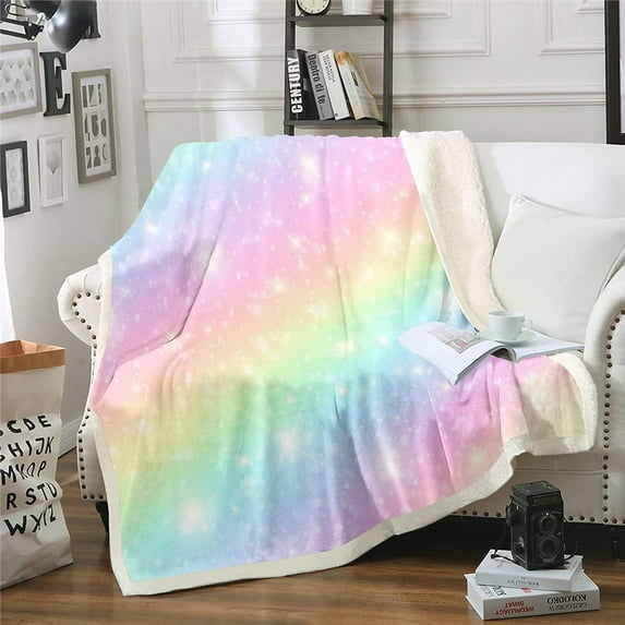Rainbow Plush Bed Blanket for Kids Girls Teens Tie Dye Pastel Throw Blanket Baby 30"X40" Golden Glitter Girly Sweet Sherpa Blanket Abstract Watercolor Art Fuzzy Blanket Bedroom Decor