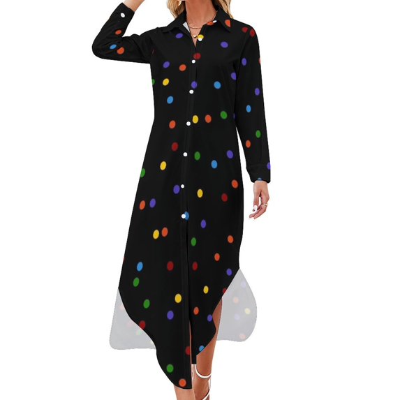 Rainbow Polka Dots on Black Background Long Sleeved Shirt Dress Clothing female dresses with long sleeves bandage dress