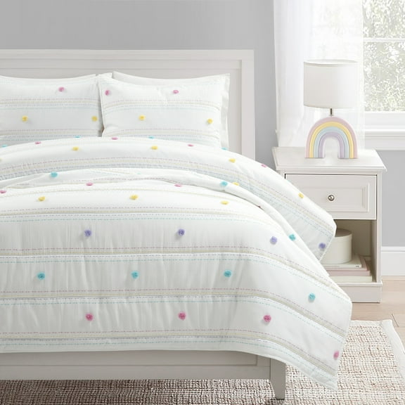 Rainbow Pom Pom And Stripes Quilt White/Rainbow 3Pc Set Full/Queen